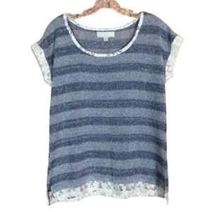 Carolyn Taylor Knit Peekaboo Lace Trim Blouse Spring Summer Striped Size Small S